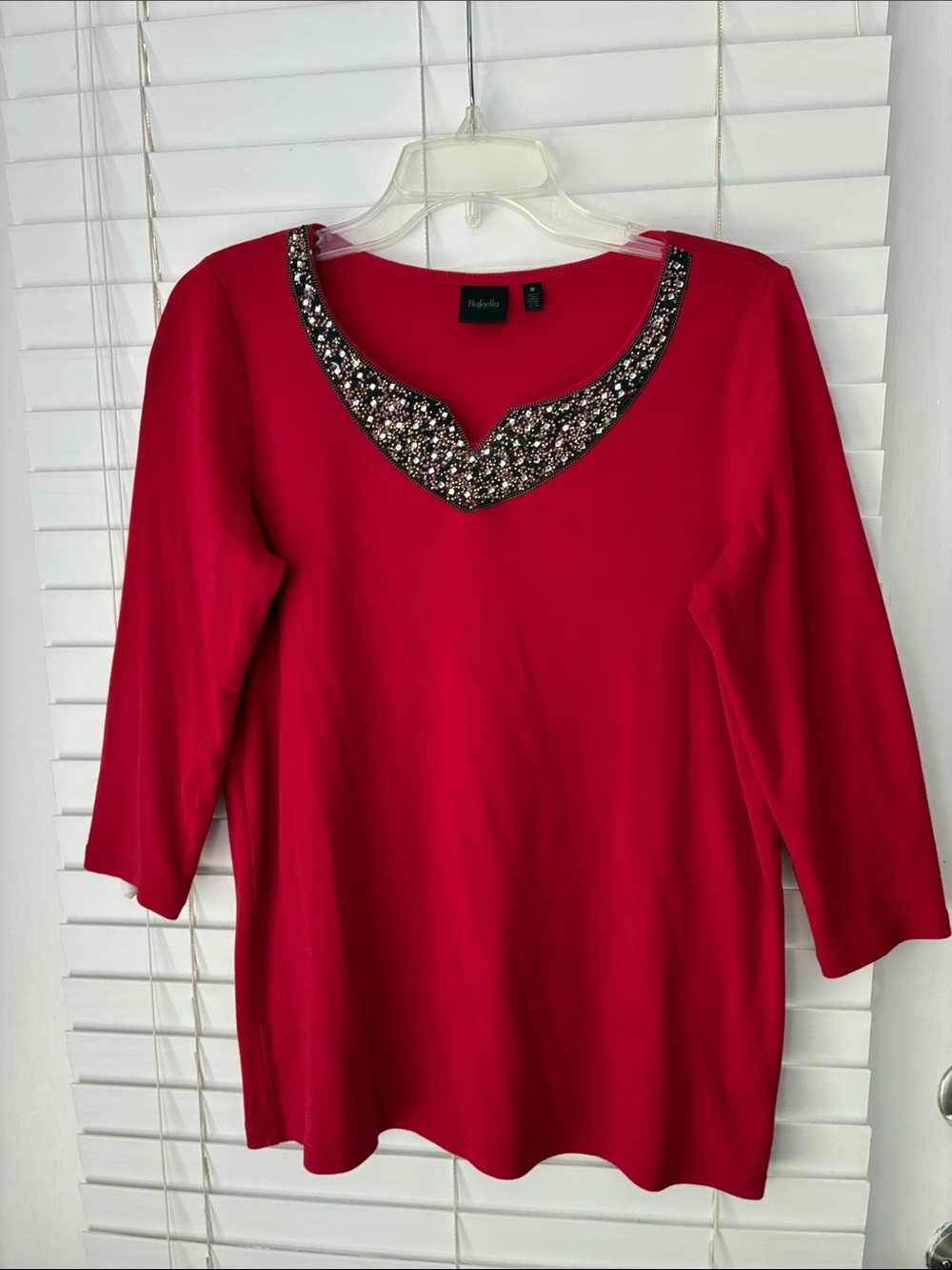 Rafaella Top Embellished V Neck Red SZ M Excellent Condition!